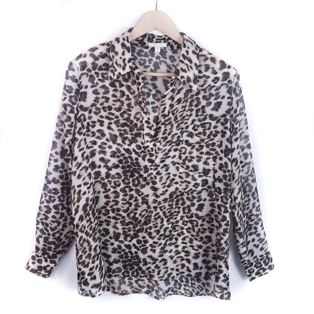 Pleione Sheer Leopard Print Popover Blouse Size S Small